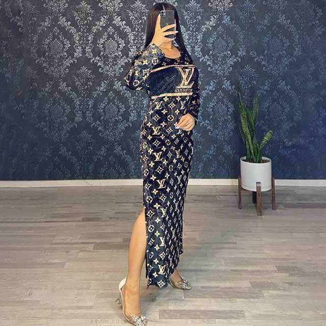 Printed Velvet Slit Maxi Dress