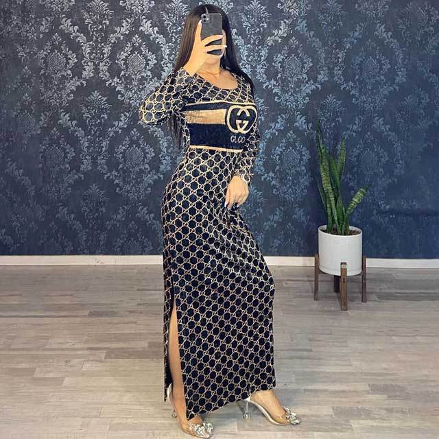 Printed Velvet Slit Maxi Dress