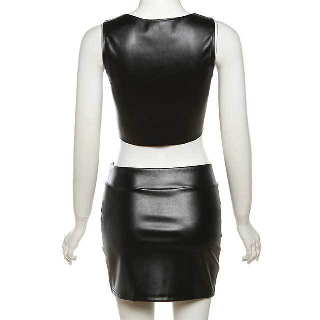 Leather Sleeveless Top Skirt Set