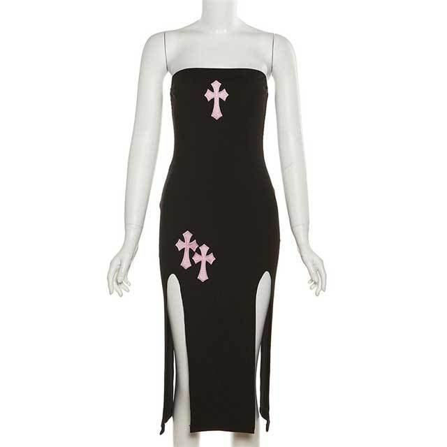 Cross Embroidery Off Shoulder Slit Dress