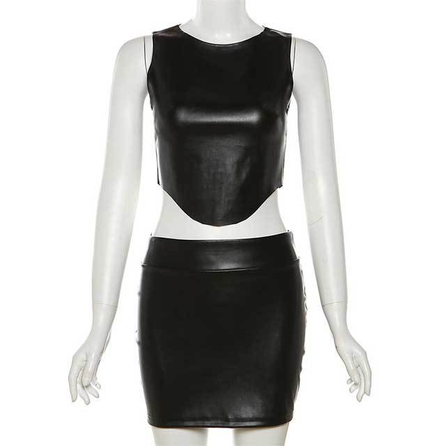 Leather Sleeveless Top Skirt Set