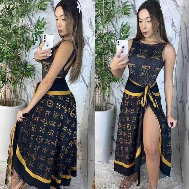 Printed Backless One Piece With Slit Maxi Skirt