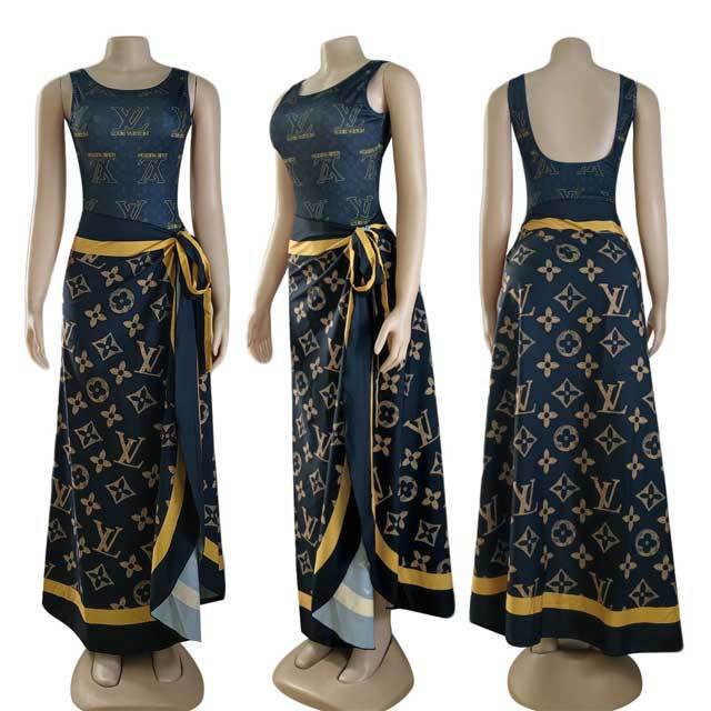 Printed Backless One Piece With Slit Maxi Skirt