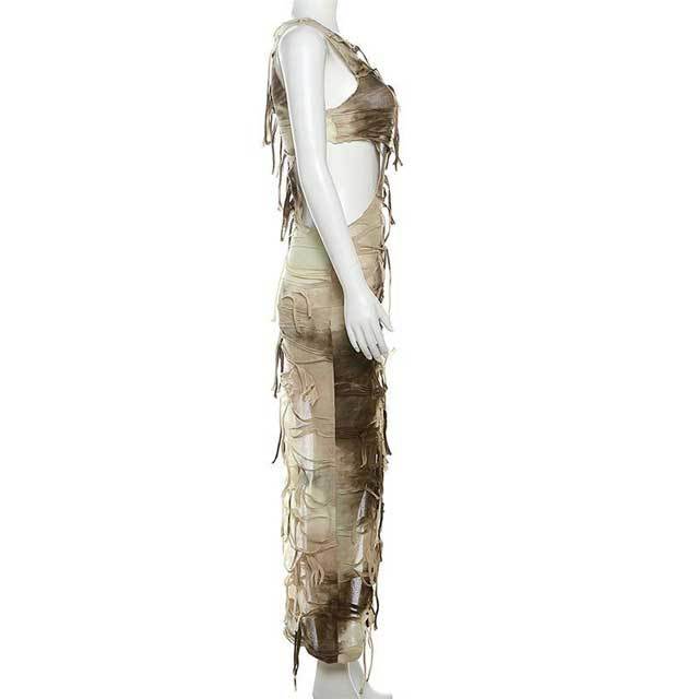 Tie Dye Hollow Out Tassel Slit Maxi Dress