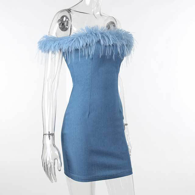 Denim Feather Bodycon Tube Dress