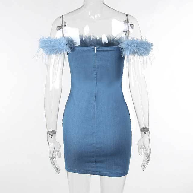 Denim Feather Bodycon Tube Dress