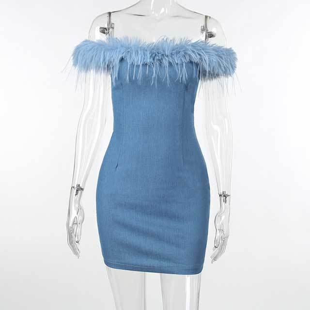 Denim Feather Bodycon Tube Dress