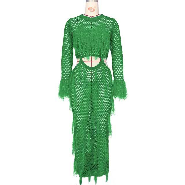 Crochet Hollow Out Tassel Maxi Dress
