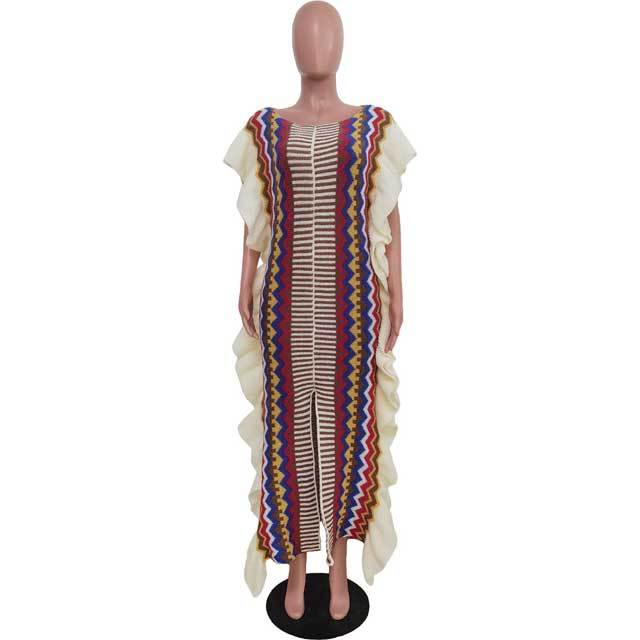 Knit Striped Ruffle Slit Maxi Dress