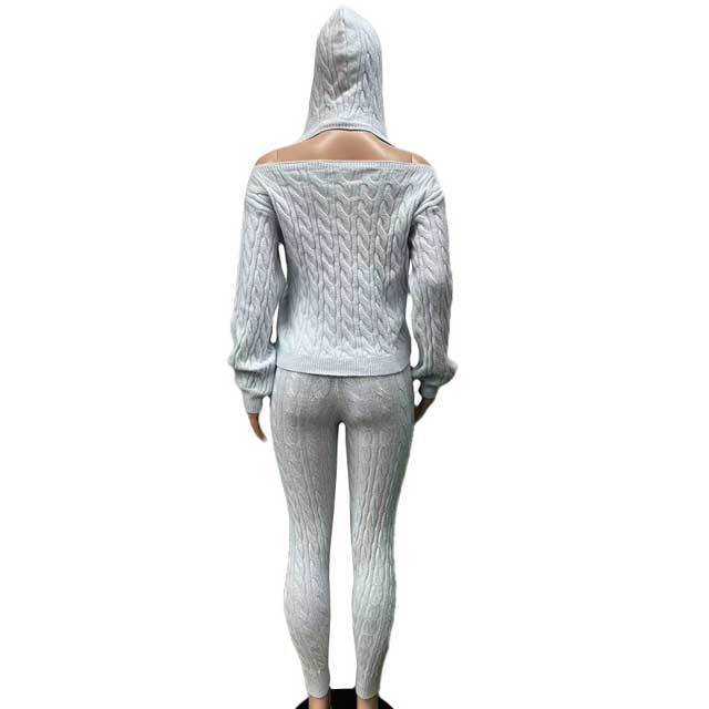 Knit Hollow Out Hooded Top Pants Set