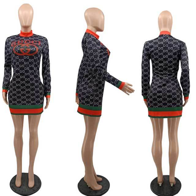 Printed Long Sleeve High Neck Dress