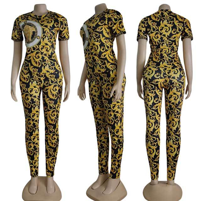 Printed Short Sleeve Casual Pants Suit