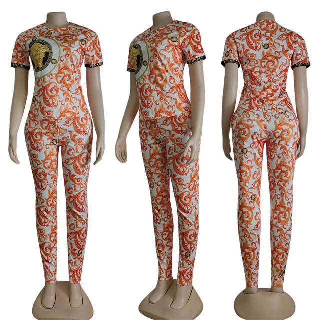 Printed Short Sleeve Casual Pants Suit