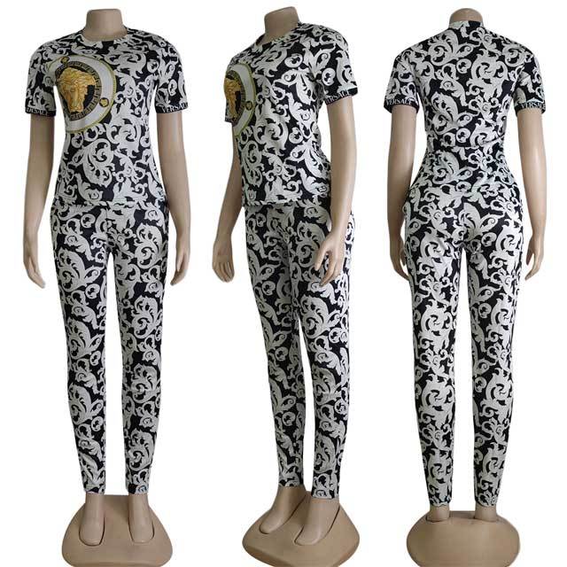 Printed Short Sleeve Casual Pants Suit