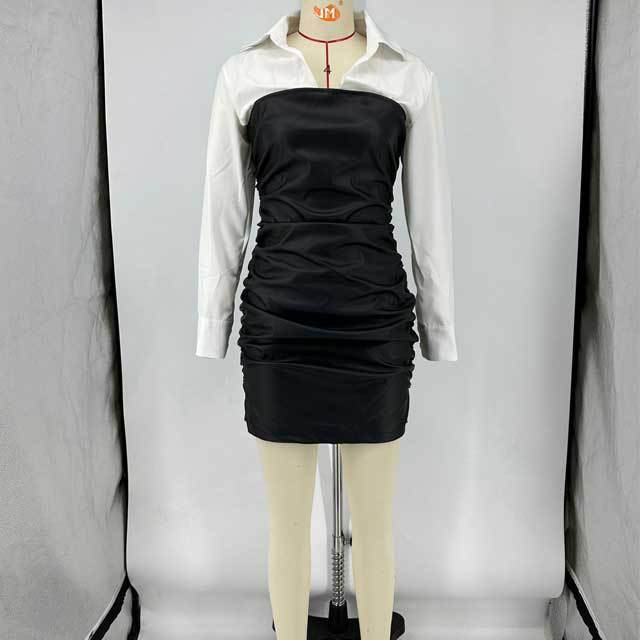Leather Spliced Ruched Shirt Dress