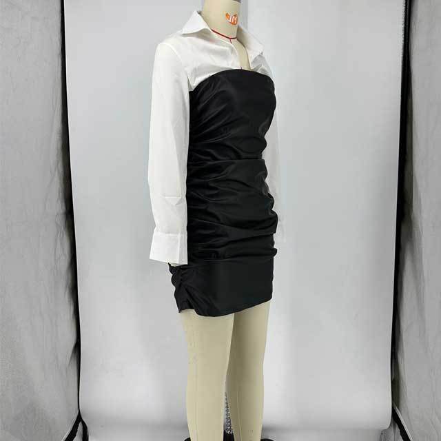 Leather Spliced Ruched Shirt Dress