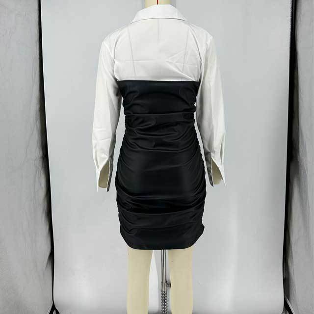 Leather Spliced Ruched Shirt Dress