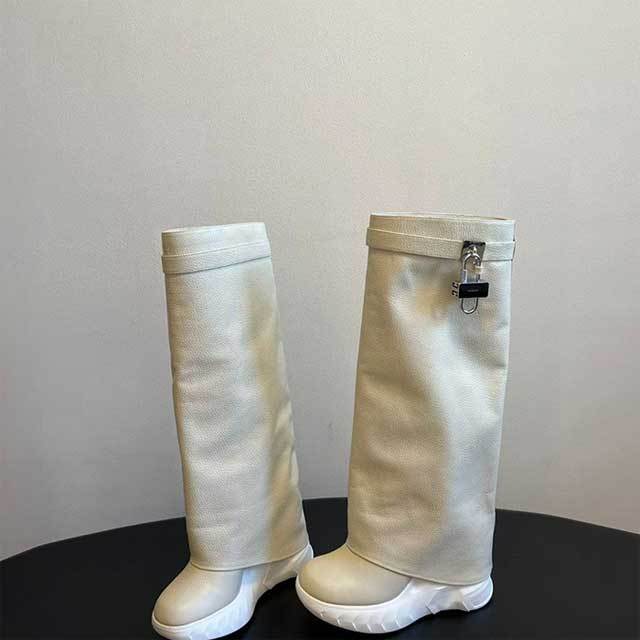 Shark Lock Fashion Leather Knee-high Boots