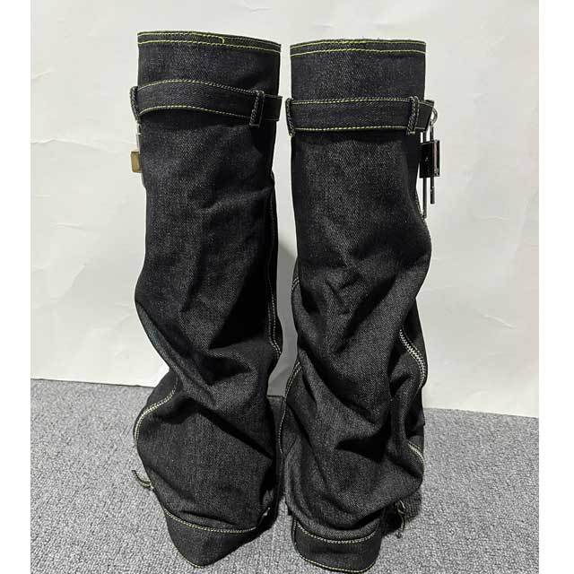 Shark Lock Denim Zipper Knee-high Boots