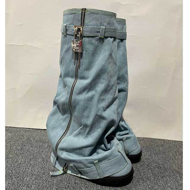 Shark Lock Denim Zipper Knee-high Boots