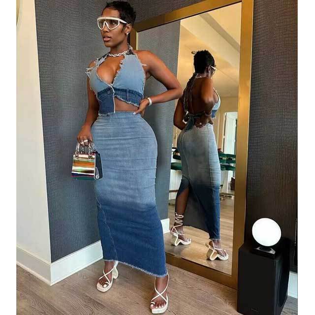 Gradient Denim Maxi Skirt Set