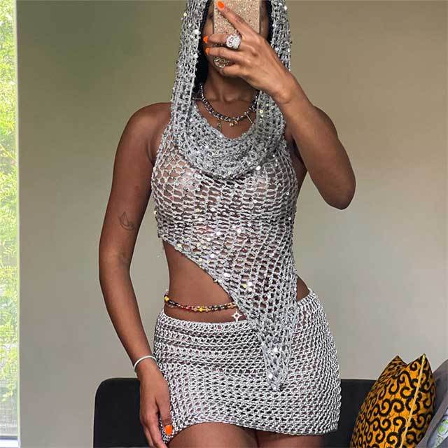 Hollow Out Sequin Hooded Top Skirt Set
