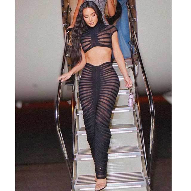 Knit See Through Ruched Maxi Skirt Set
