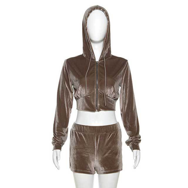 Velvet Zipper Hooded Top Short Set