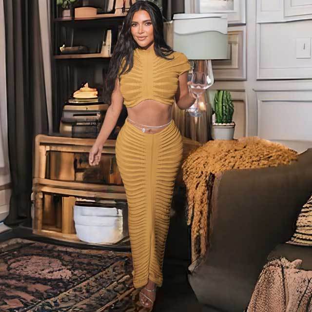 Knit See Through Ruched Maxi Skirt Set