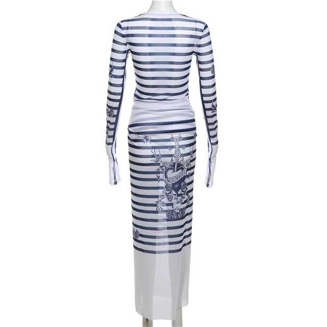 Mesh Striped Long Sleeve Top Slit Maxi Skirt Set