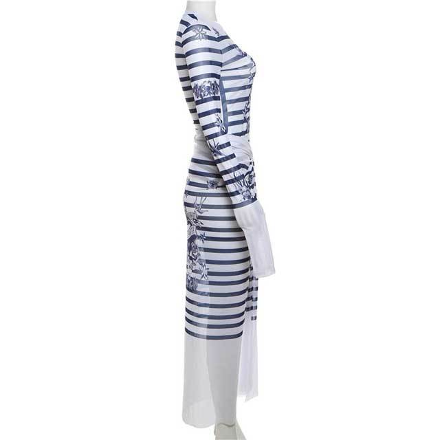 Mesh Striped Long Sleeve Top Slit Maxi Skirt Set