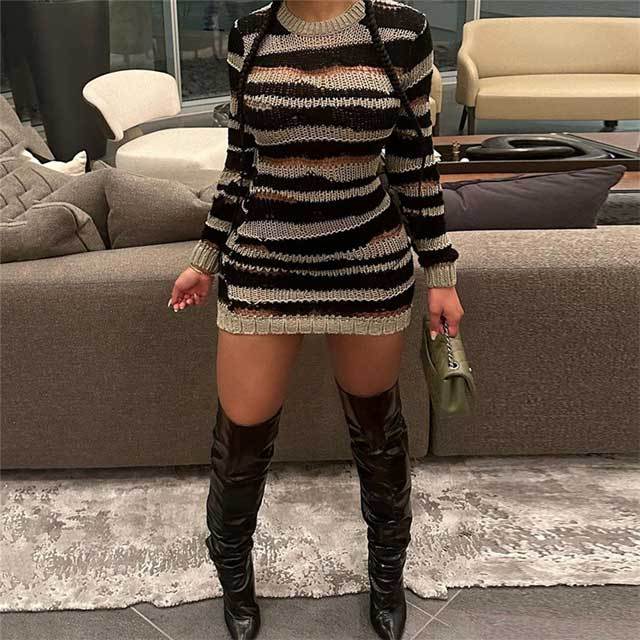 Knit Hollow Out Striped Dress