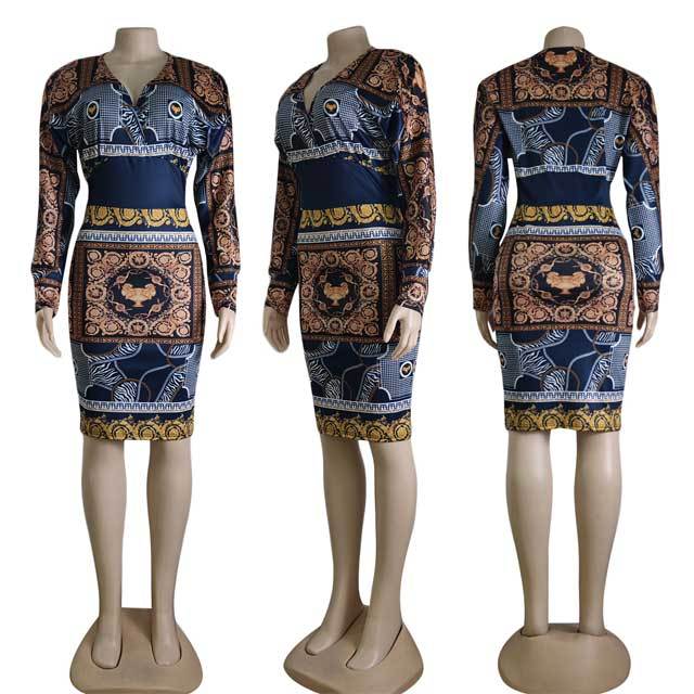 Long Sleeve Printed Bodycon Dress