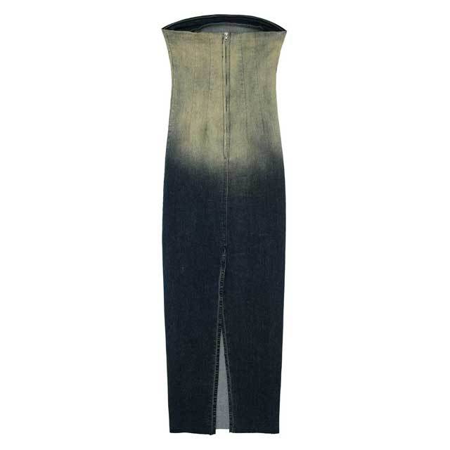 Denim Strapless Slit Maxi Dress