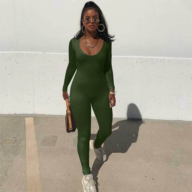 Solid Long Sleeve Fitness Jumpsuit