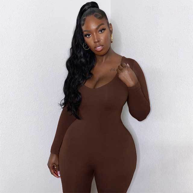 Solid Long Sleeve Fitness Jumpsuit