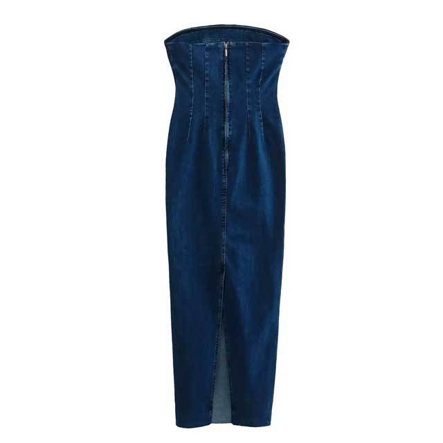 Denim Strapless Slit Maxi Dress