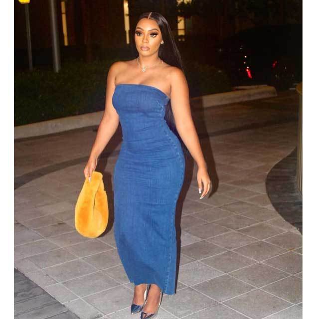 Denim Strapless Slit Maxi Dress