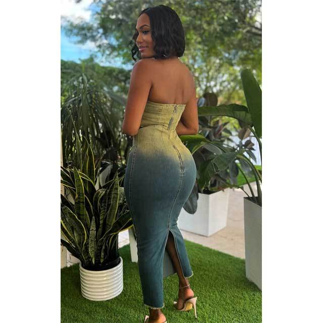 Denim Strapless Slit Maxi Dress