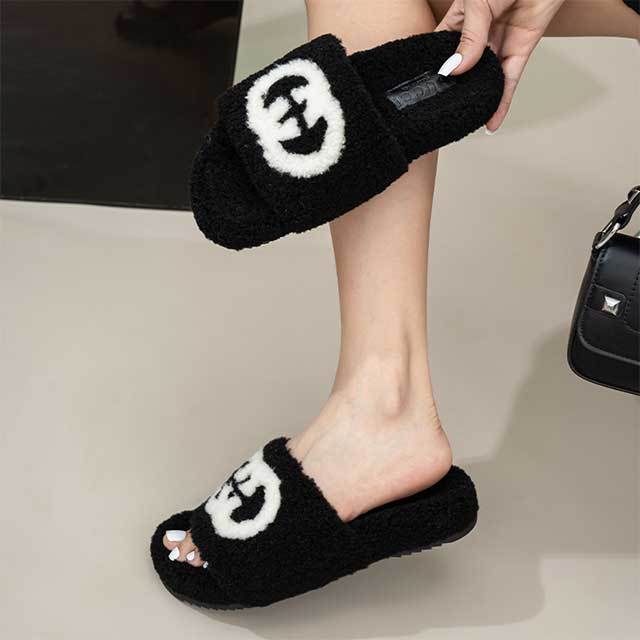 Homewear Casual Style Open Toes Fur Slippers
