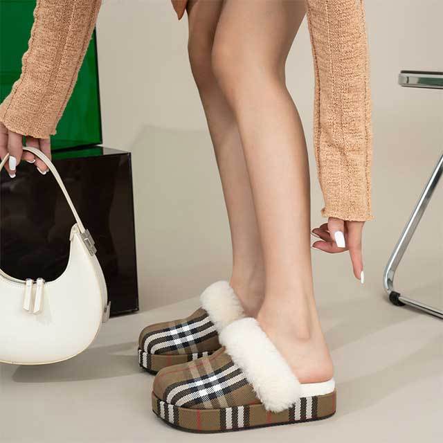 Plaid Printed Brand Fashion Indoor Furry Slippers