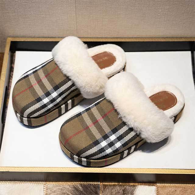 Plaid Printed Brand Fashion Indoor Furry Slippers