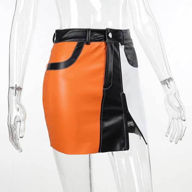 Leather Color Block Mini Skirt