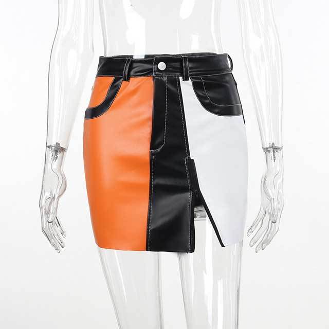 Leather Color Block Mini Skirt