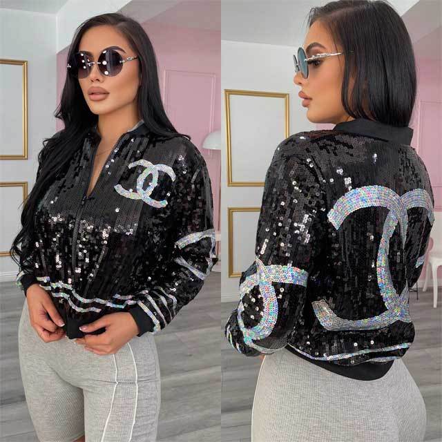 Sequin Zipper Long Sleeve Jacket