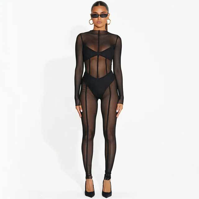 Mesh Long Sleeve Jumpsuit