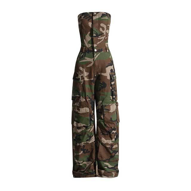 Camo Print Strapless Cargo Jumpsuit