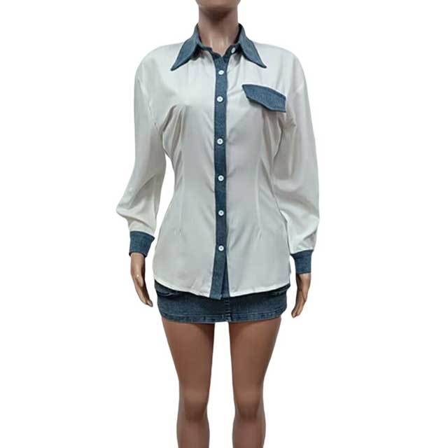 Long Sleeve Shirt Top Denim Skirt Set