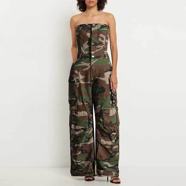 Camo Print Strapless Cargo Jumpsuit