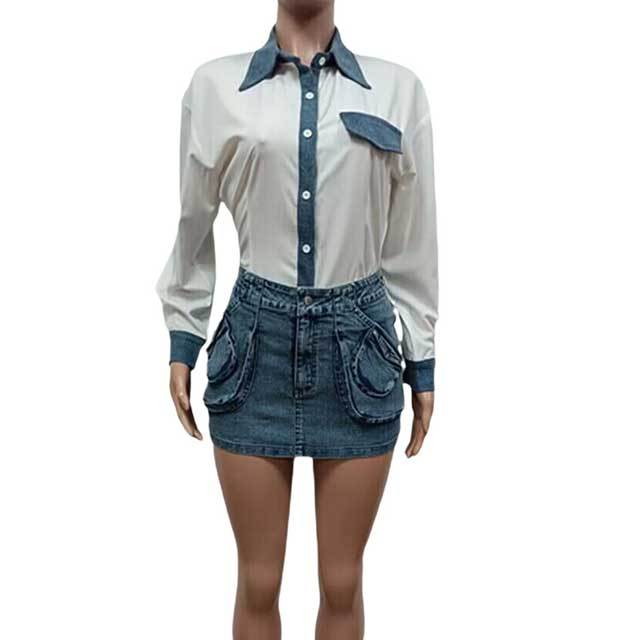 Long Sleeve Shirt Top Denim Skirt Set